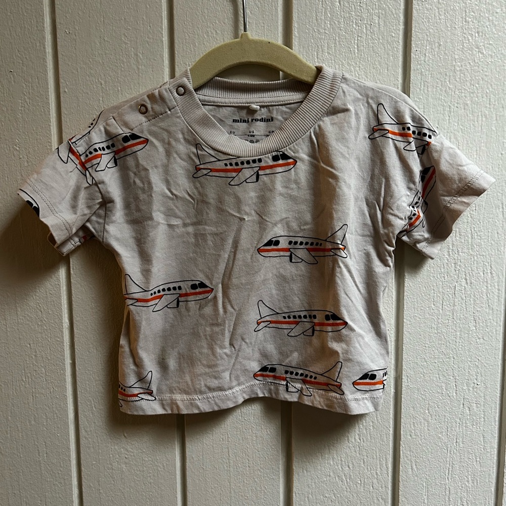 Mini Rodini Airplane Print Tee - Cream/Grey and Black
